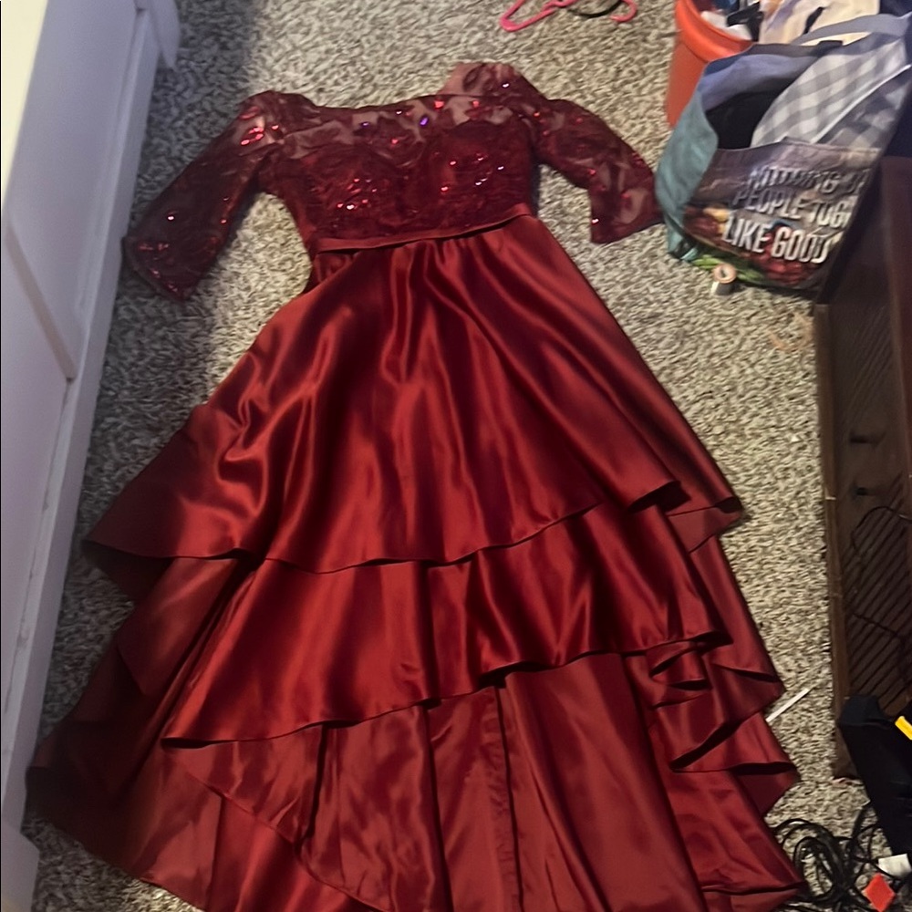 JJs House Red Ruffled Tiered Off-Shoulder Gown